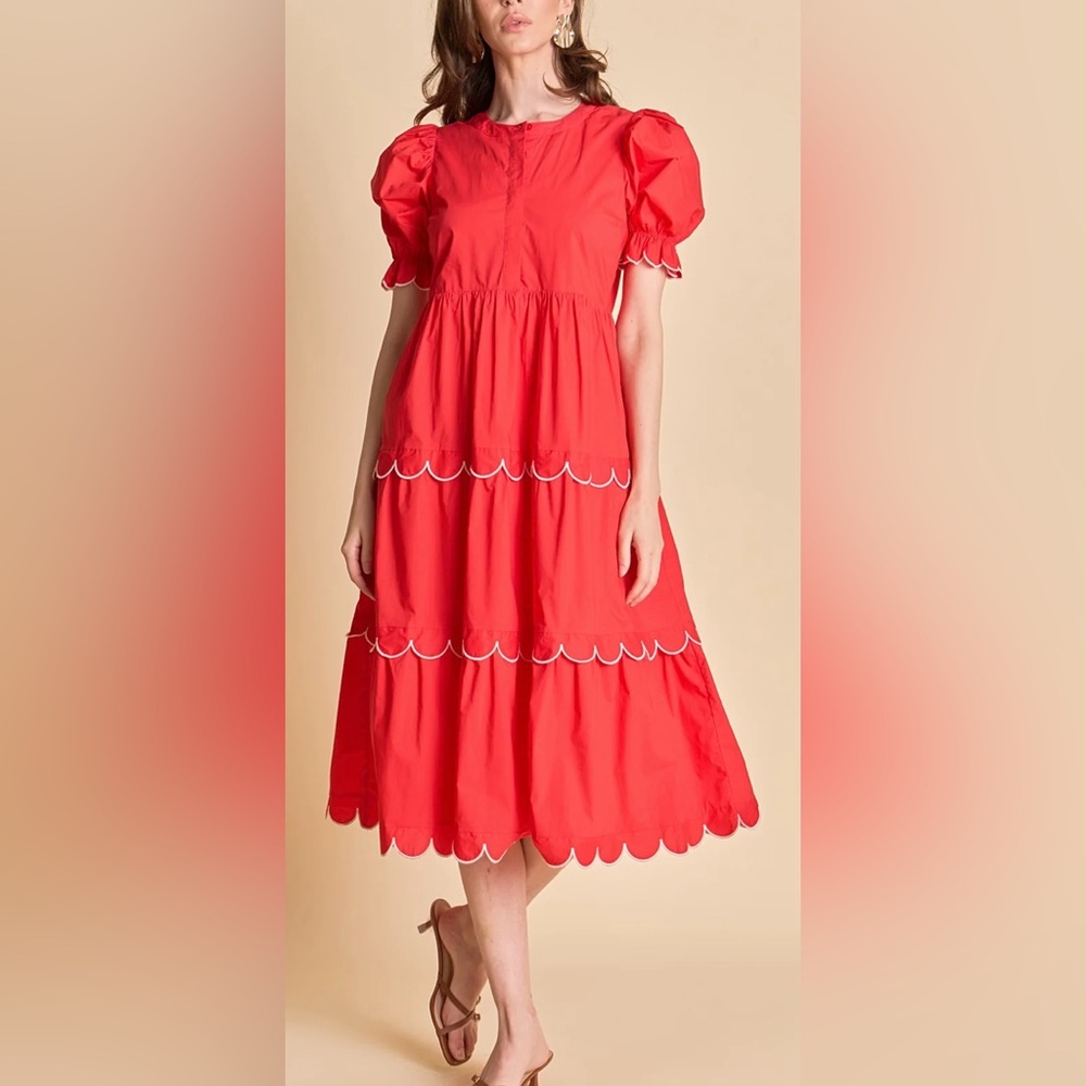 English Factory Red Midi Dress with Scalloped Details